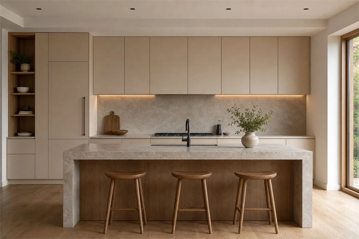 Finished modern kitchen with level base cabinets wall cabinets and island installation