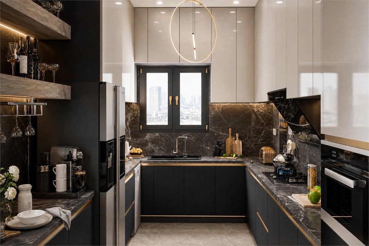 Kitchen cabinet layout planning with efficient work zones and storage