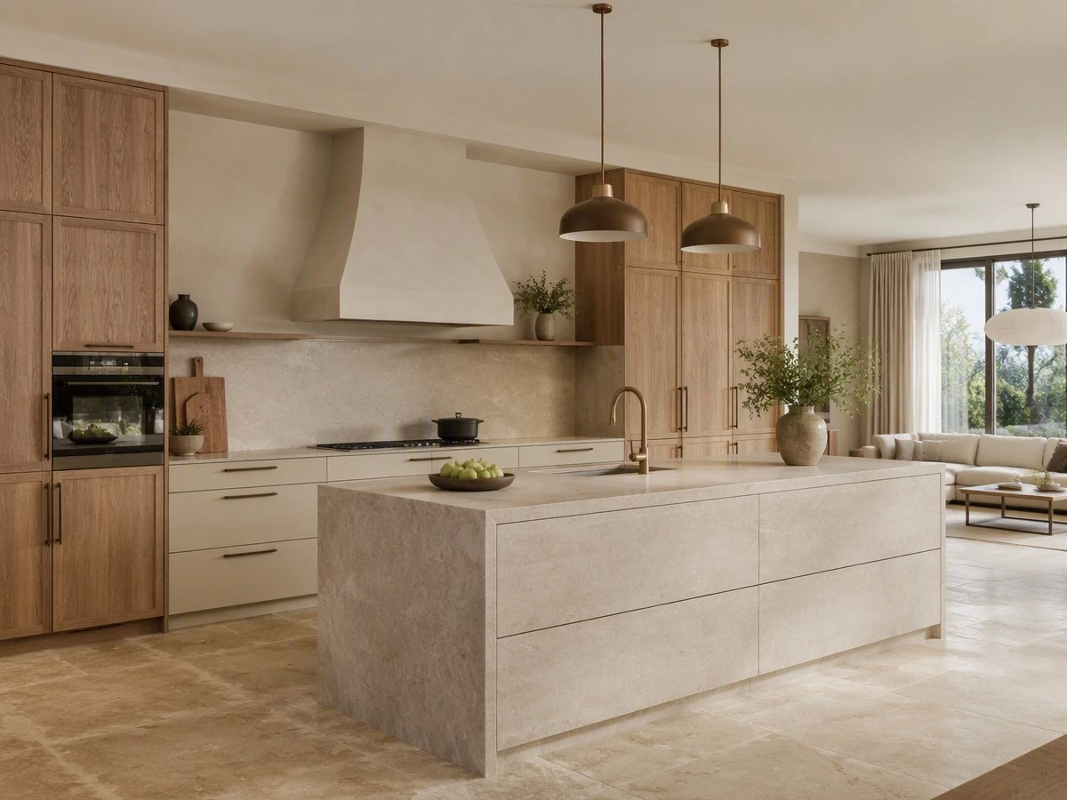 Kitchen cabinet trends 2027 with warm wood cabinets, matte finishes, and a storage-focused island