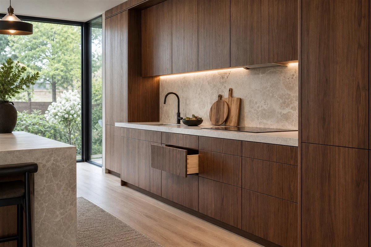 Modern custom kitchen showing durable cabinets and long-term warranty planning