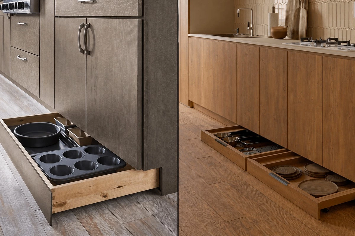 Kitchen toe kick drawer for hidden storage under base cabinets