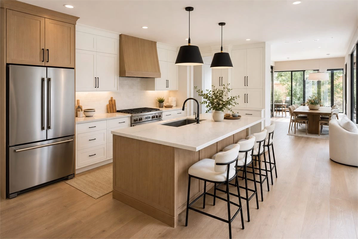Modern kitchen showing the sink stove fridge work triangle