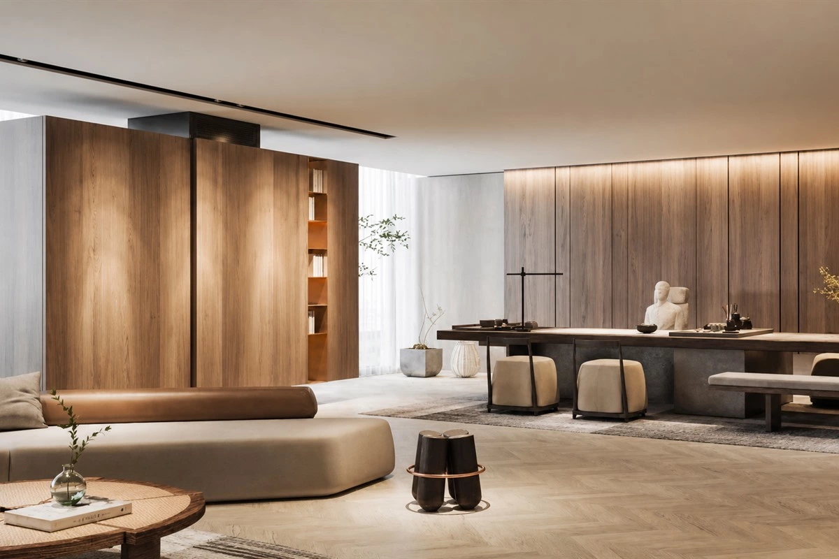 Layered earth tone interior with brown beige and natural wood finishes