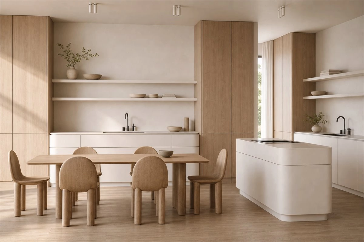 Light wood and soft white modern kitchen with integrated storage