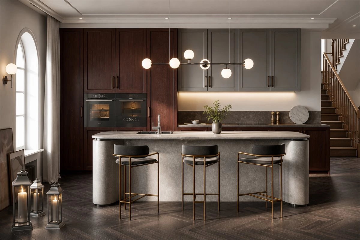 Linear Integrated Kitchen with Wood and Stone Island Linear integrated kitchen design with wood cabinets and a stone island