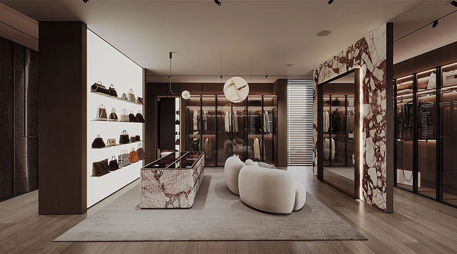 Luxury stone closet with walnut veneer and glass display