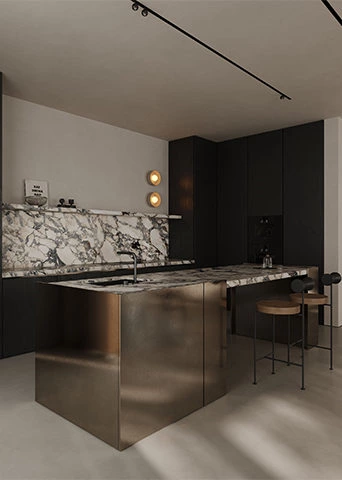 Metallic Lacquer Kitchen | A Statement Island Defines the Space