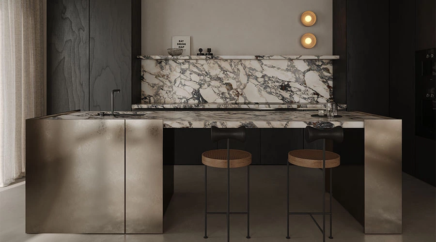 Metallic lacquer kitchen with marble island and dark wood cabinetry