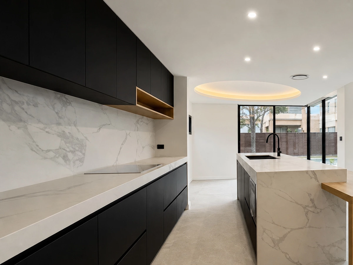 Handleless cabinetry in the minimalist black kitchen Sydney villa project
