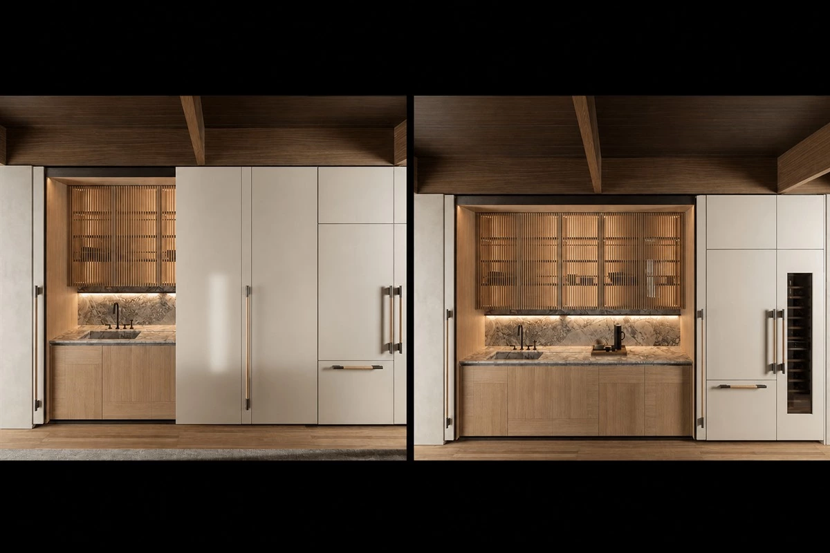 Minimalist kitchen cabinets with hidden storage in an open-plan home
