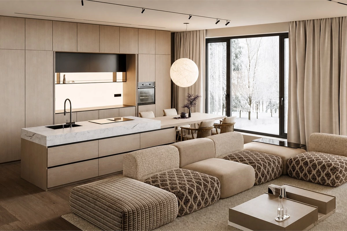 Minimalist kitchen interior with clean cabinetry neutral finishes and uncluttered work surfaces