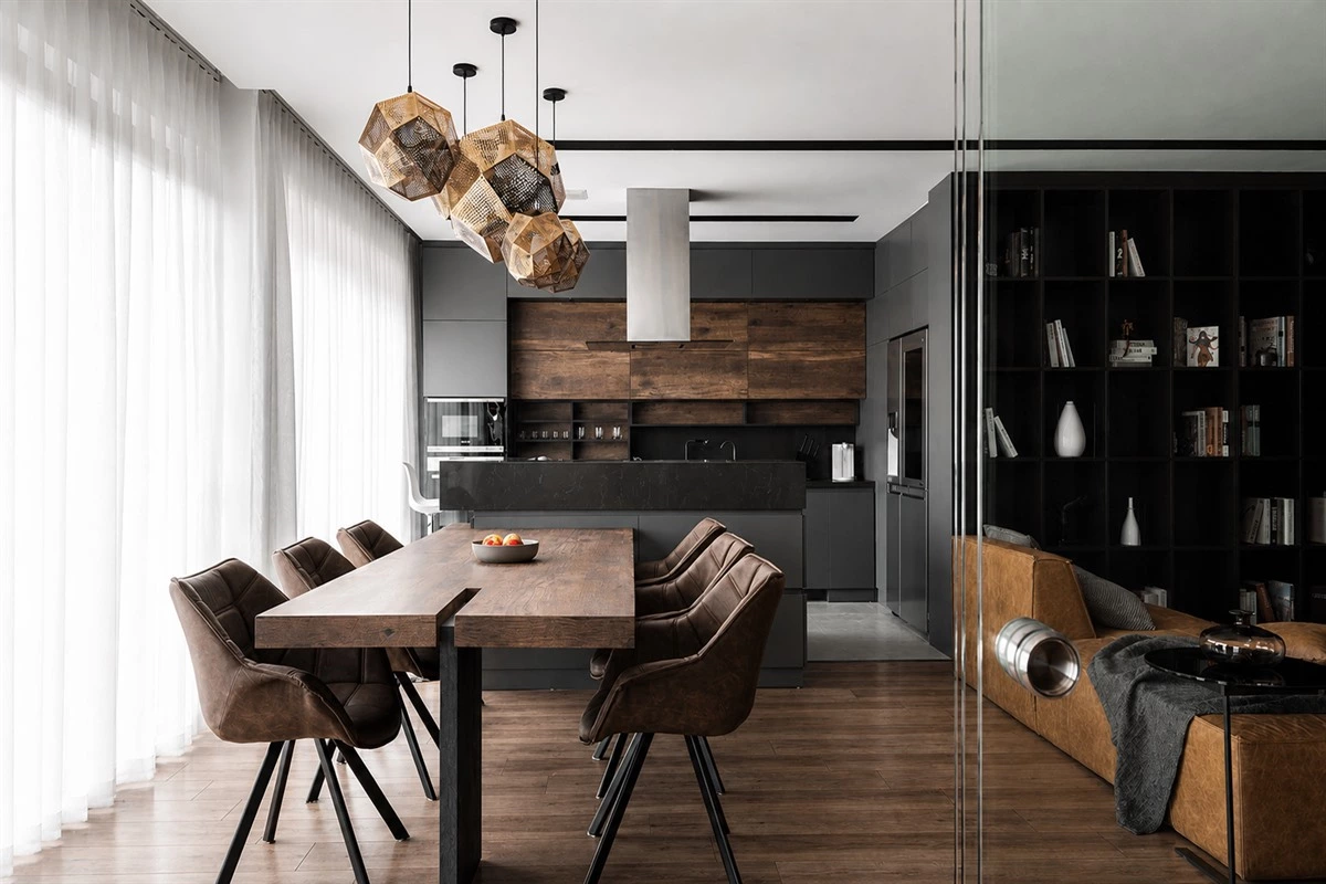 Modern grey L-shaped apartment kitchen with layered wall cabinets