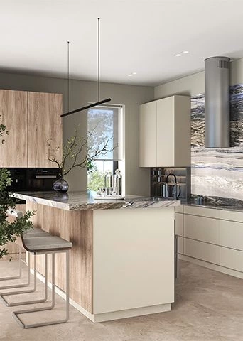 Sage Green Handleless Kitchen Cabinets with Sintered Stone