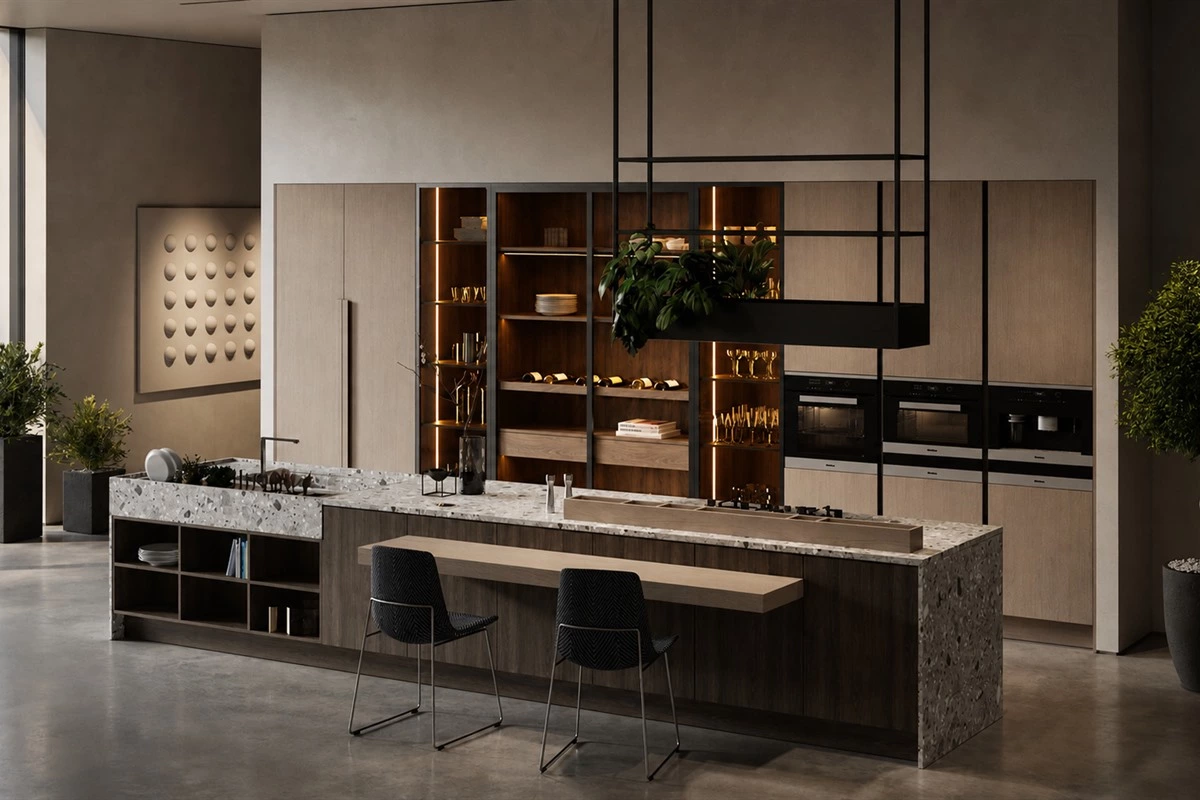 Multifunctional kitchen island with integrated storage and worktop