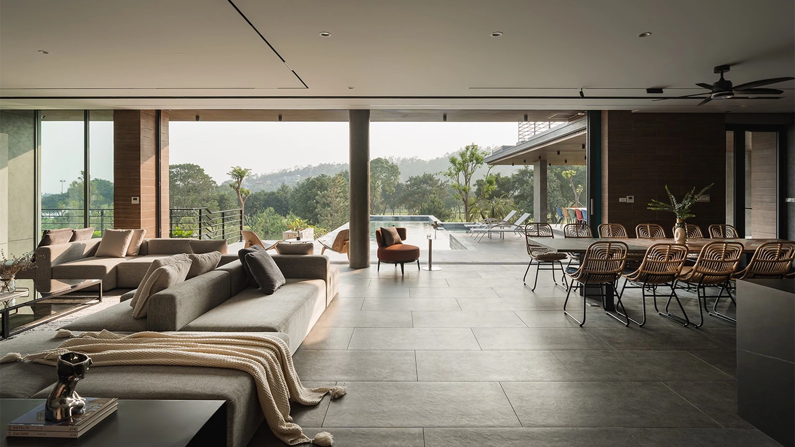 Open plan kitchen cabinetry in a mountain-view residence