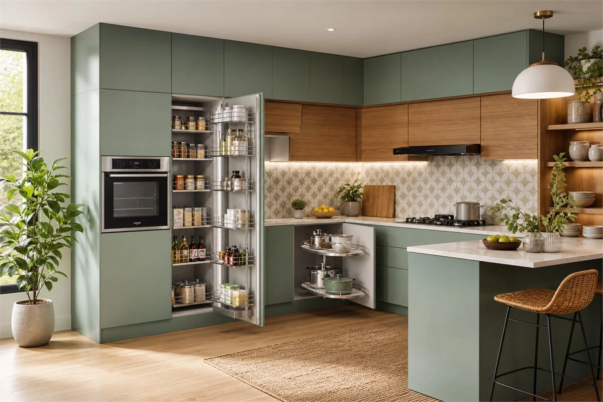 Tall swing-out pantry kitchen storage cabinet with organized shelves