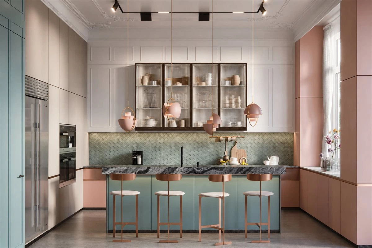 Peach pink and aqua colored kitchen cabinets with quartz countertop