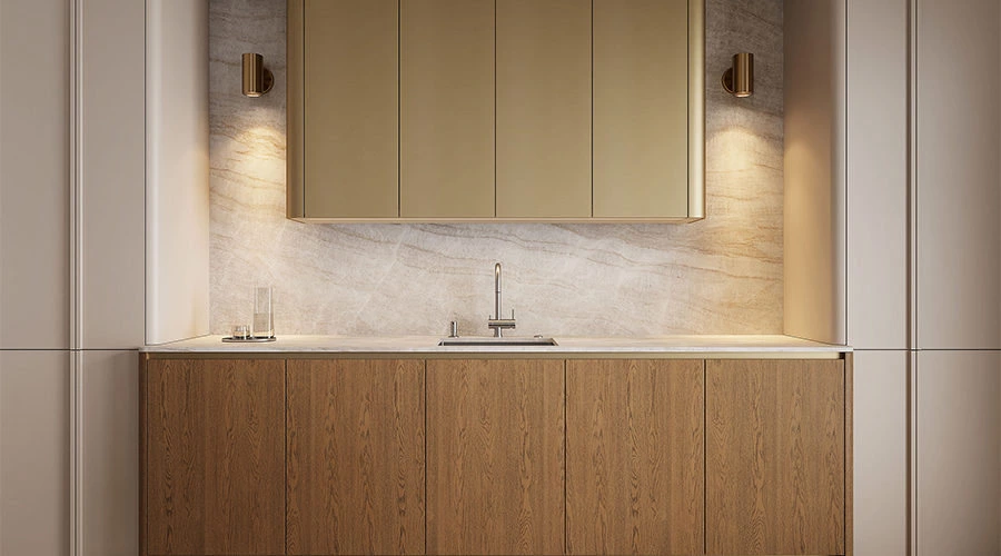 Pocket door bar cabinet in a minimalist luxury open-plan kitchen
