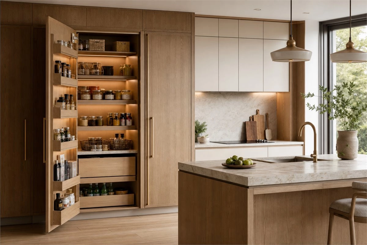 Modern kitchen storage ideas with a custom pantry cabinet and organized shelves