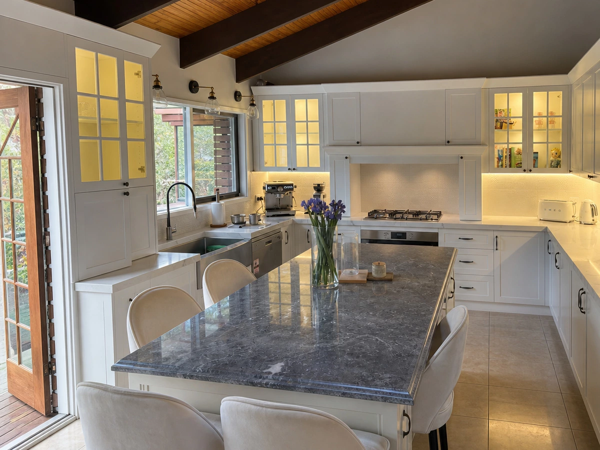 U-shaped shaker kitchen island in the Australia villa