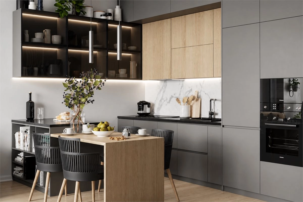 Simple handleless kitchen cabinet design with a clean modern finish