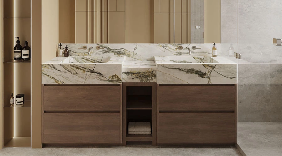 Sintered stone bathroom with double vanity and integrated basin