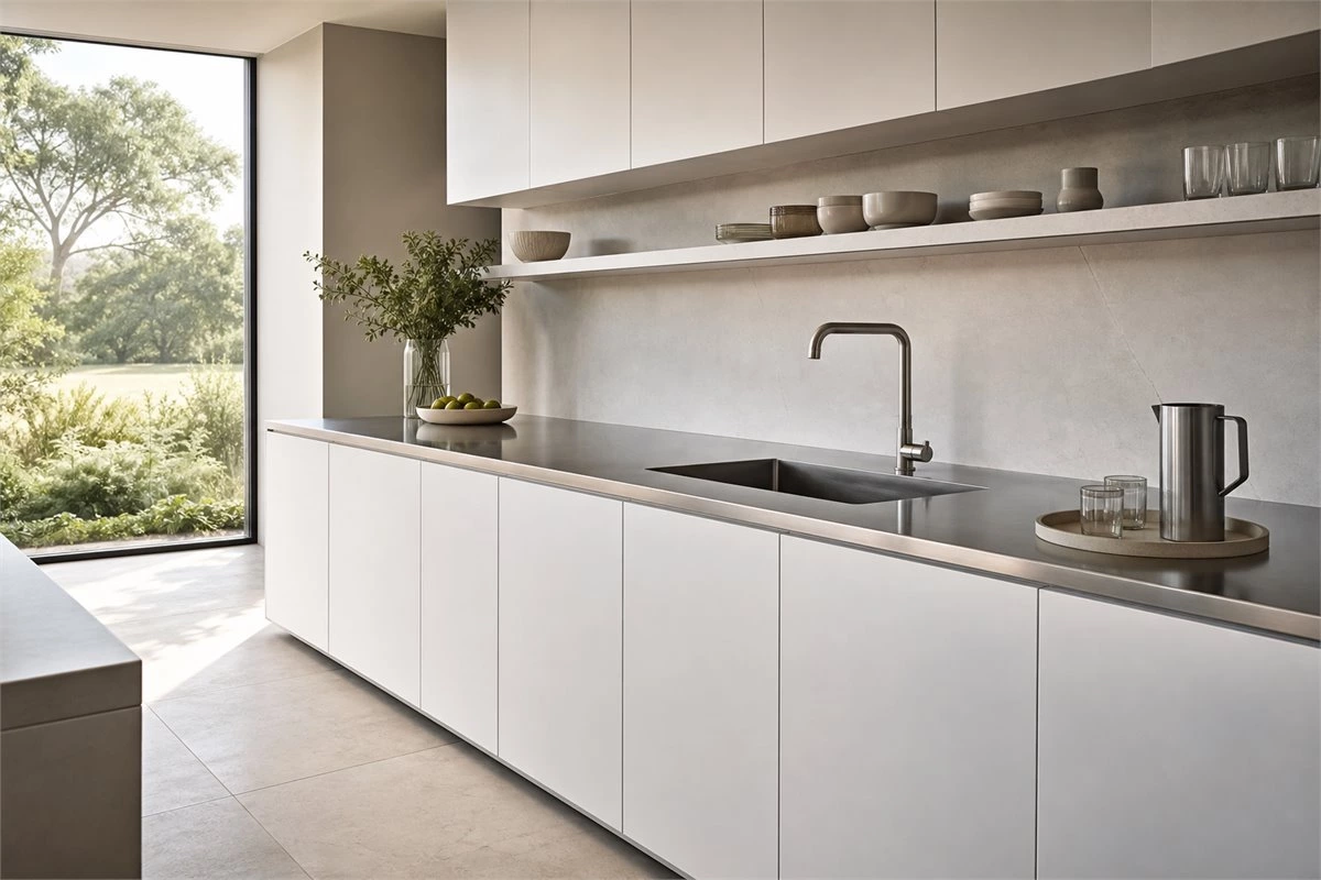 Stainless steel countertop with minimalist white handleless kitchen cabinets