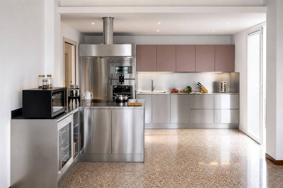 Stainless Steel Kitchen Design Ideas With Pink Cabinets Pink and stainless steel kitchen design with modern base cabinets