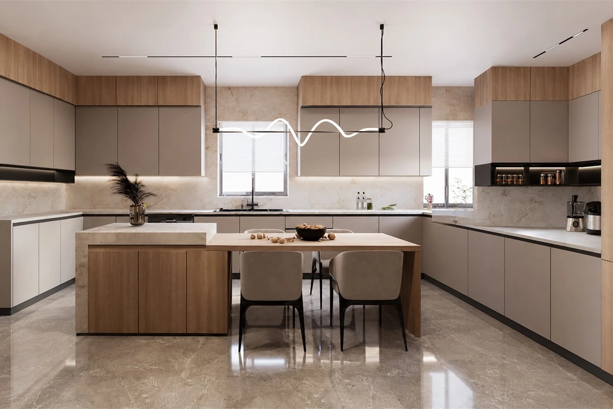 U-shaped eat-in kitchen with central island and integrated dining table