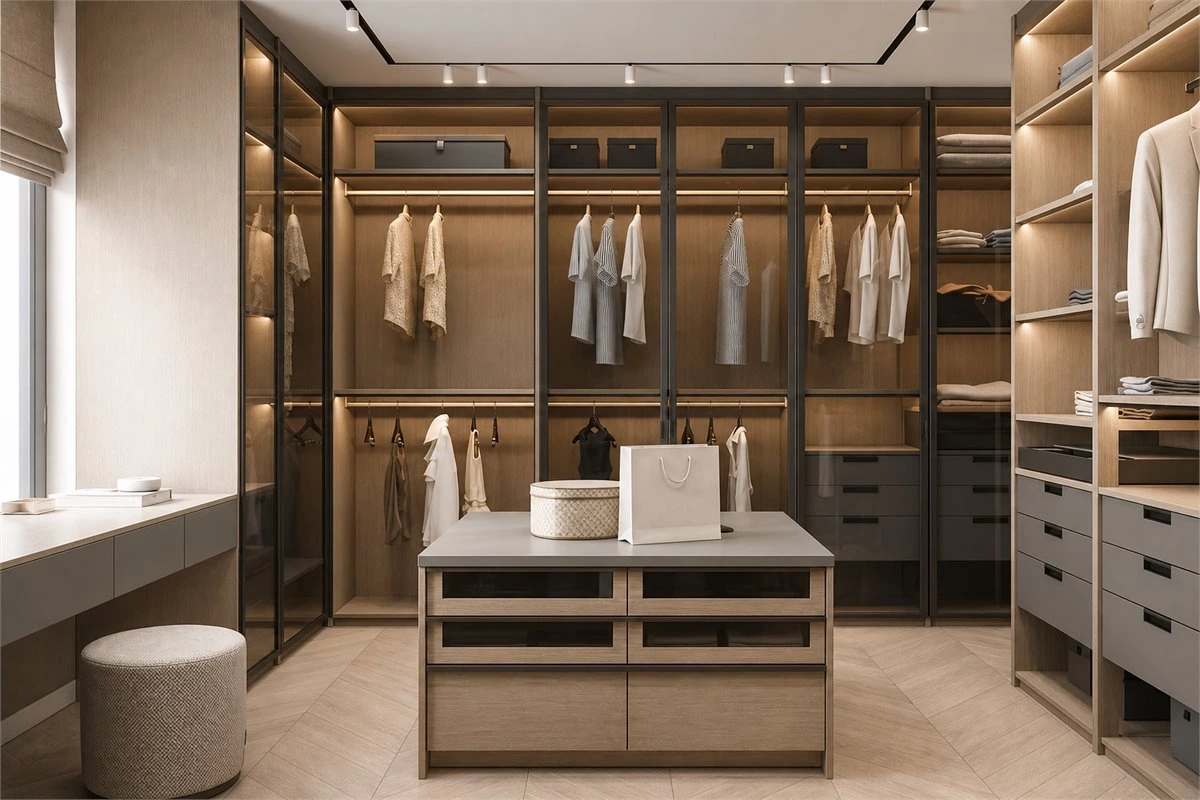 U-shaped walk-in closet layout with full-height custom wardrobe storage