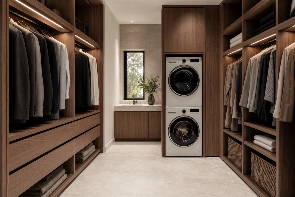Walk-in closet laundry design with washer dryer and wardrobe storage