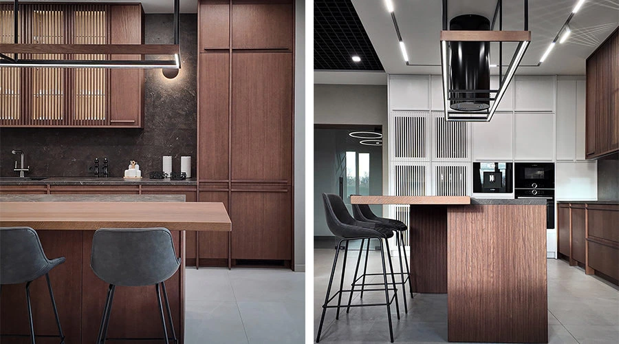 Walnut white kitchen with integrated full-height cabinetry