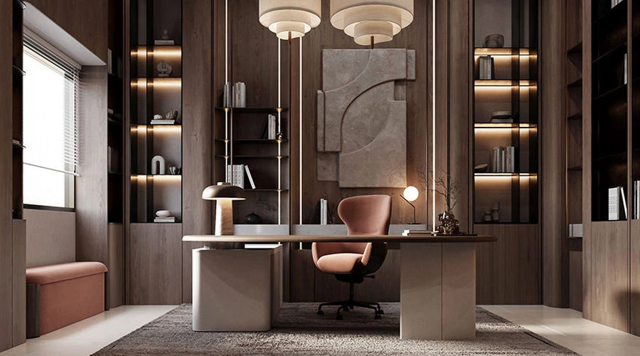 Wood study design with symmetrical desk wall, open shelving and concealed lighting
