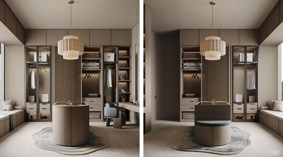 Wood walk-in closet with central island and glass-front cabinetry