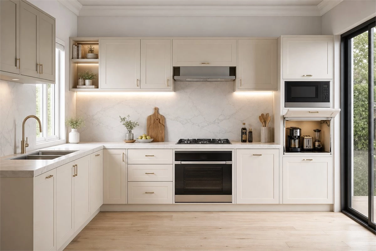 Modern appliance garage kitchen cabinet with integrated microwave and concealed storage