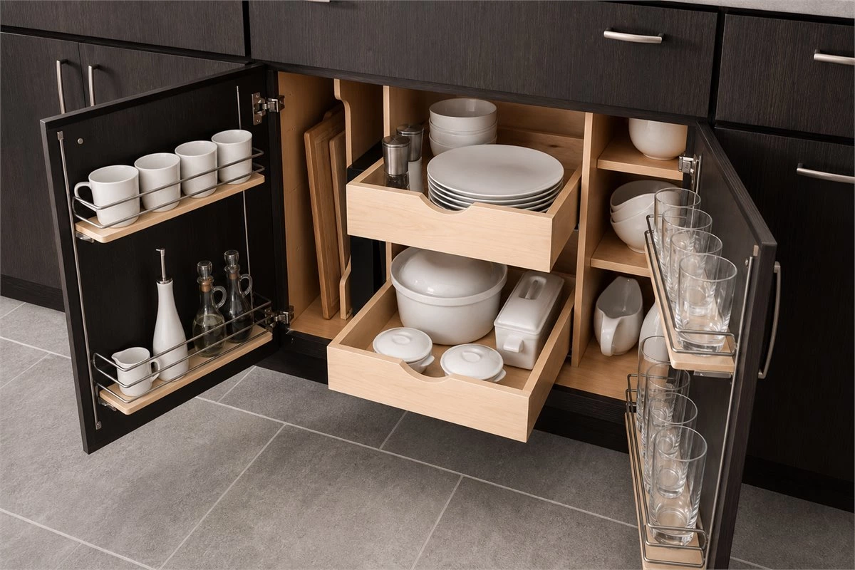 Bowl and dish organization inside a practical kitchen base cabinet
