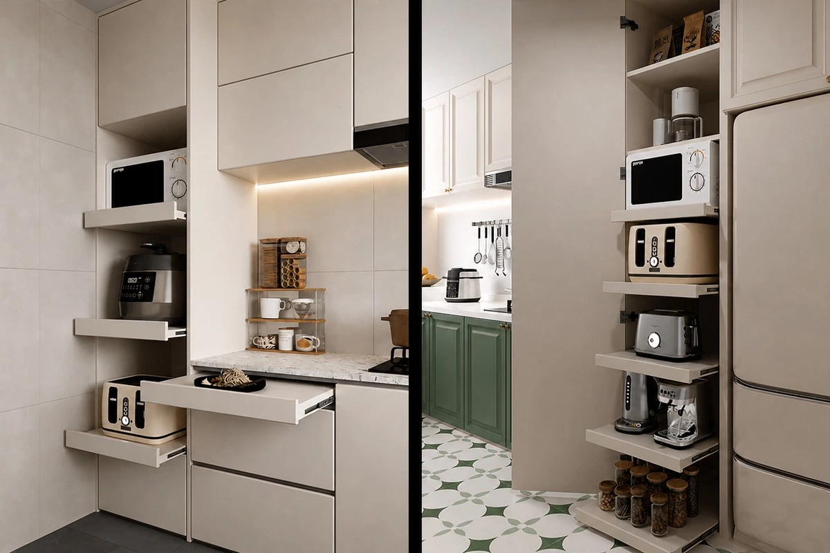 Built-in kitchen appliance drawer for a clutter-free countertop