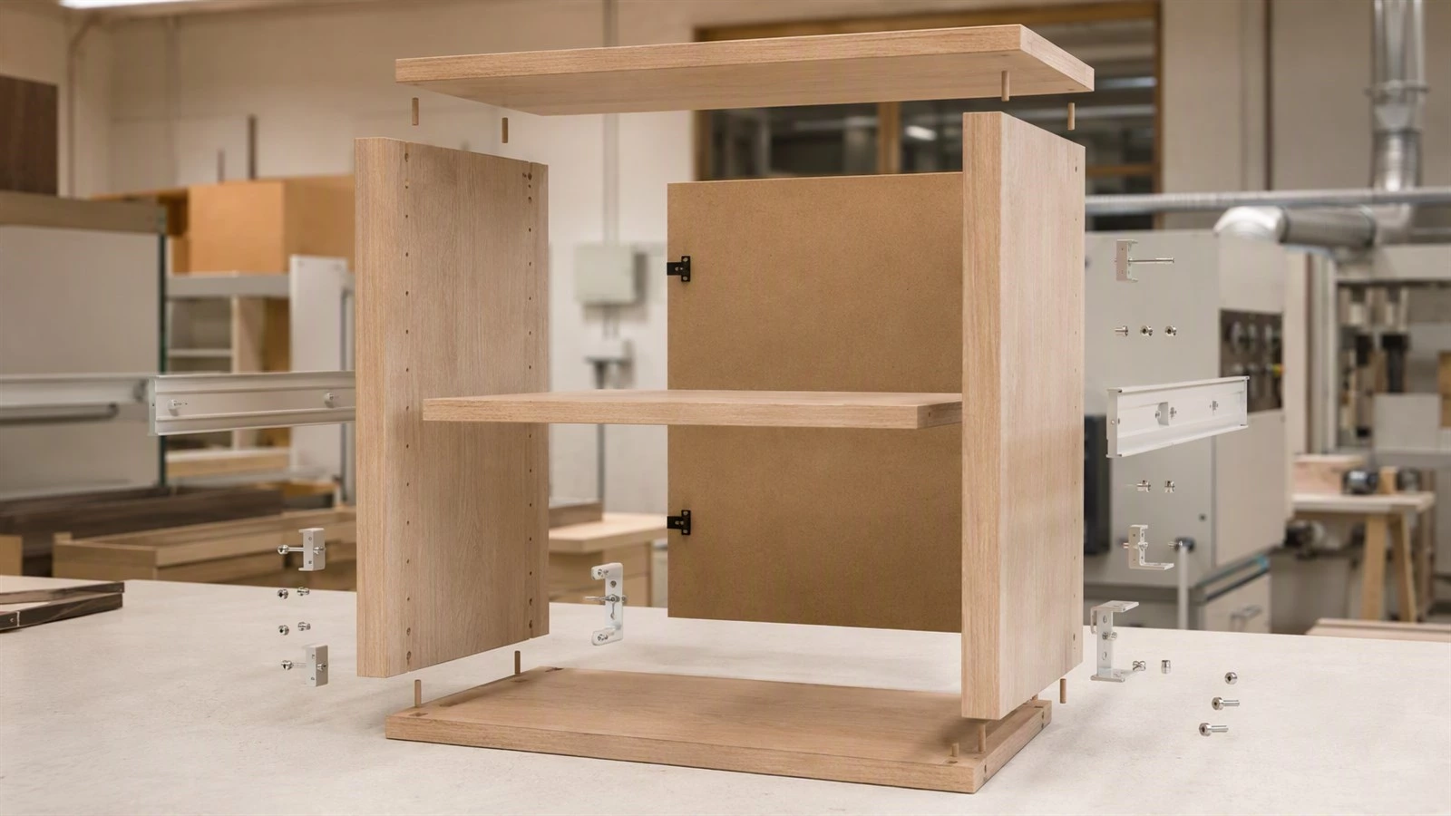 Exploded custom kitchen cabinet box showing sides, shelves, back panel, joint details, and wall fixing points