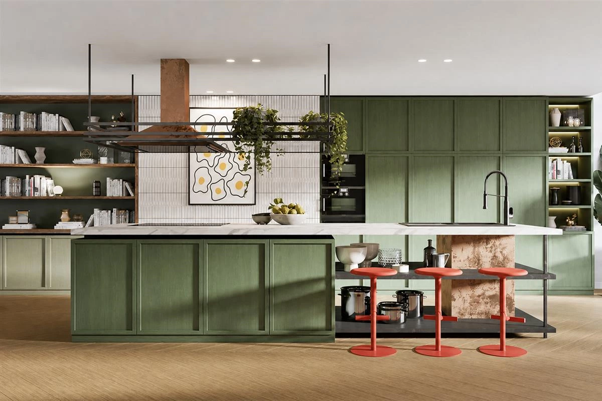 Calming green kitchen cabinet finish with terrazzo countertop