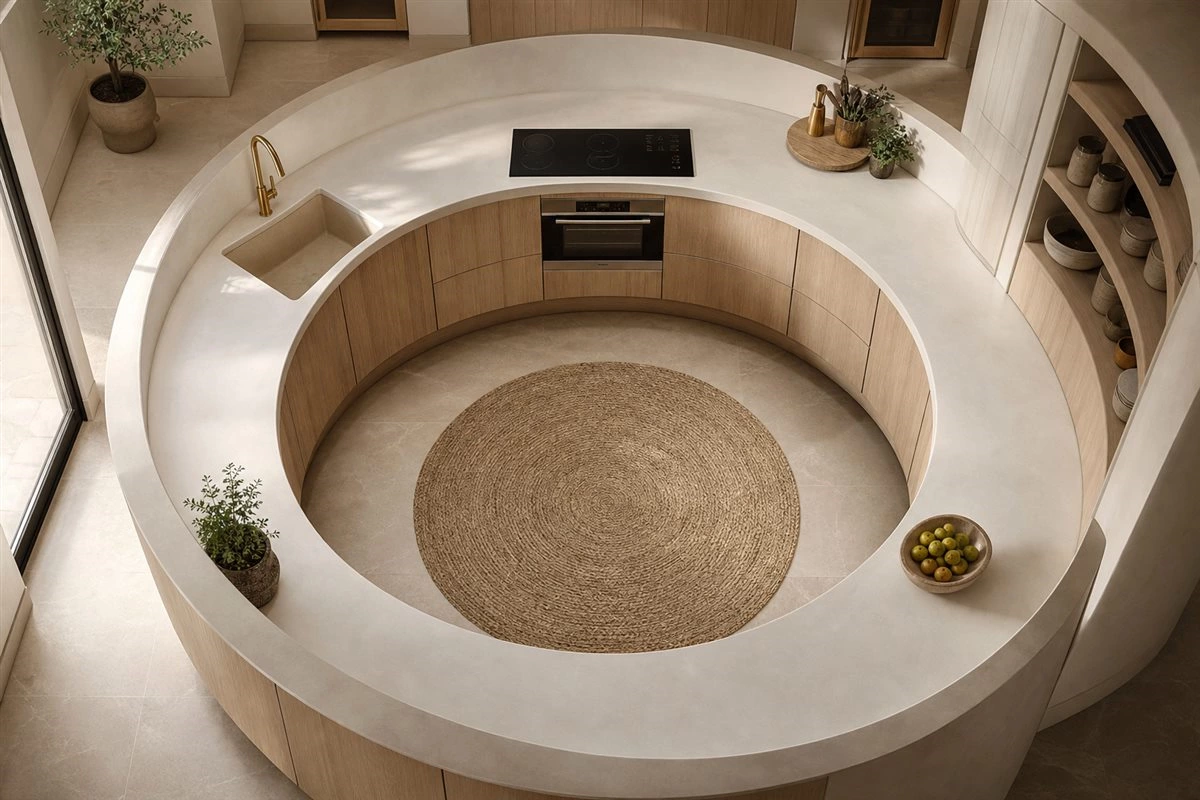 Circular kitchen layout with rounded cabinet arrangement