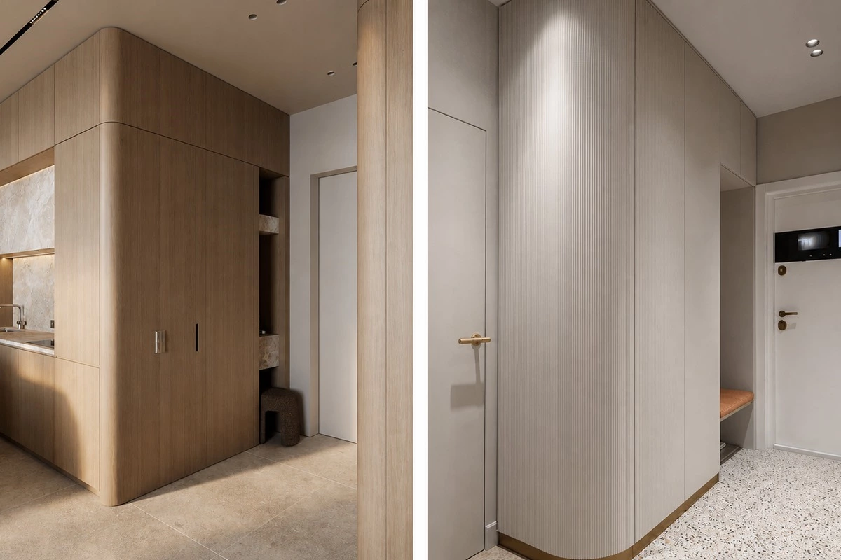 Curved architectural millwork cabinetry with soft rounded edges