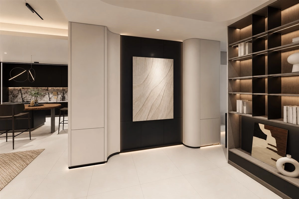 Curved cabinet design creating a soothing interior atmosphere
