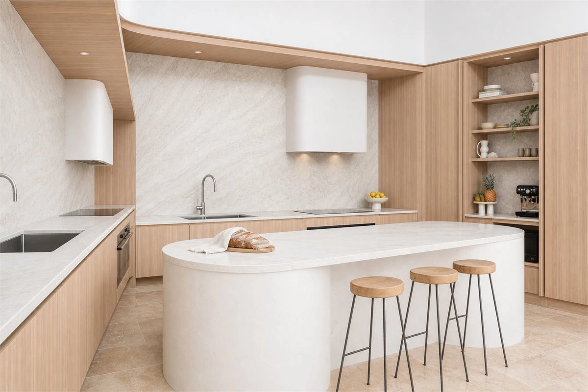 Curved wood kitchen with sintered stone island and enclosed storage