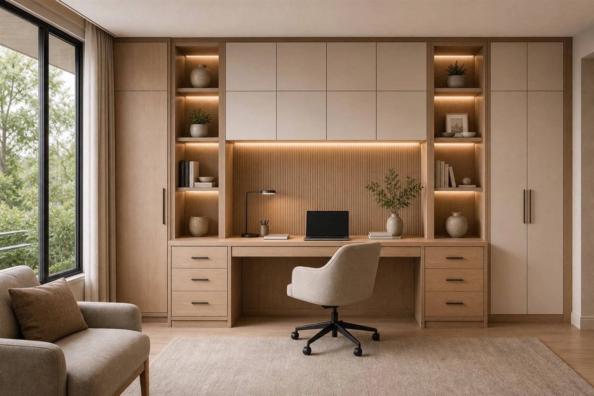 custom home office cabinets with closed storage shelves and clean desktop