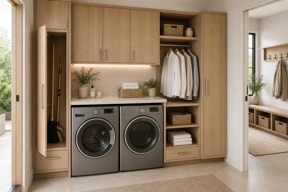 custom laundry room cabinet layout with washer dryer and tall storage