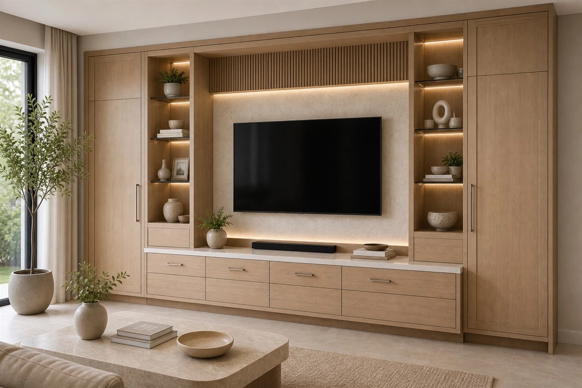 built in custom TV wall cabinet layout with display shelves and storage