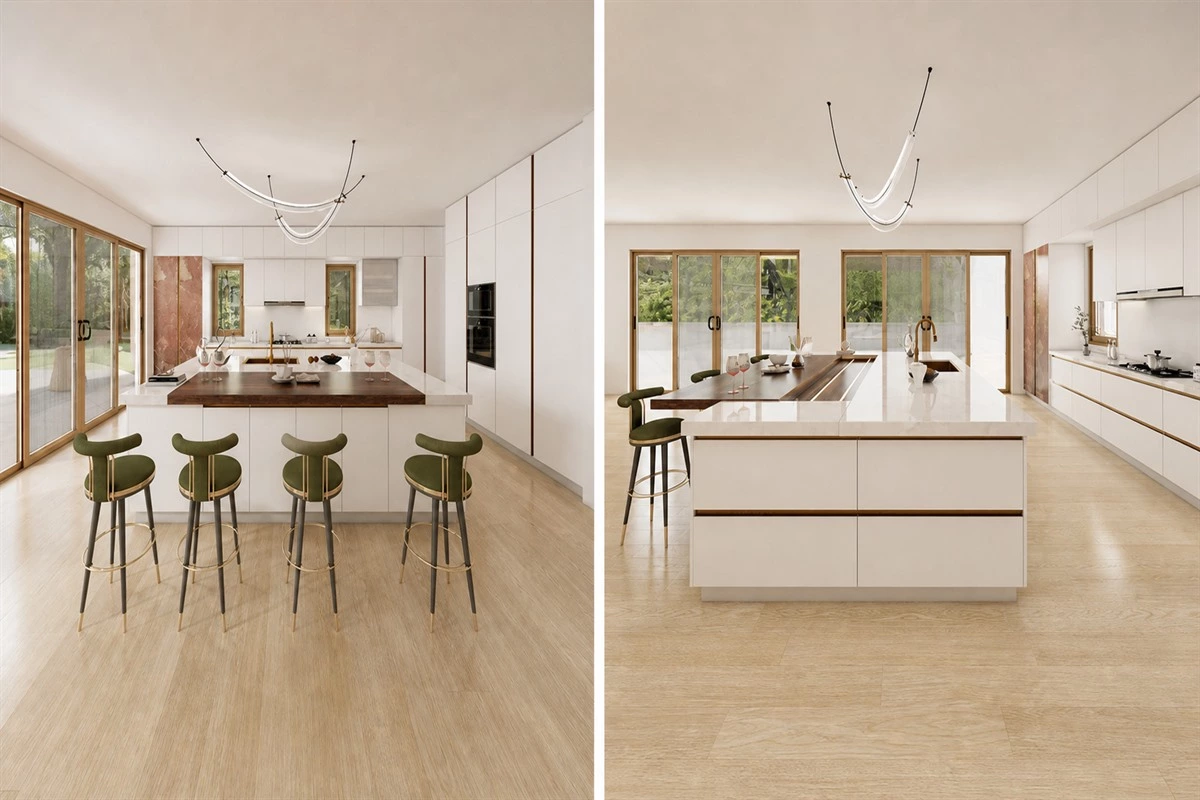 Designer kitchen with sliding wood countertop and recessed lighting