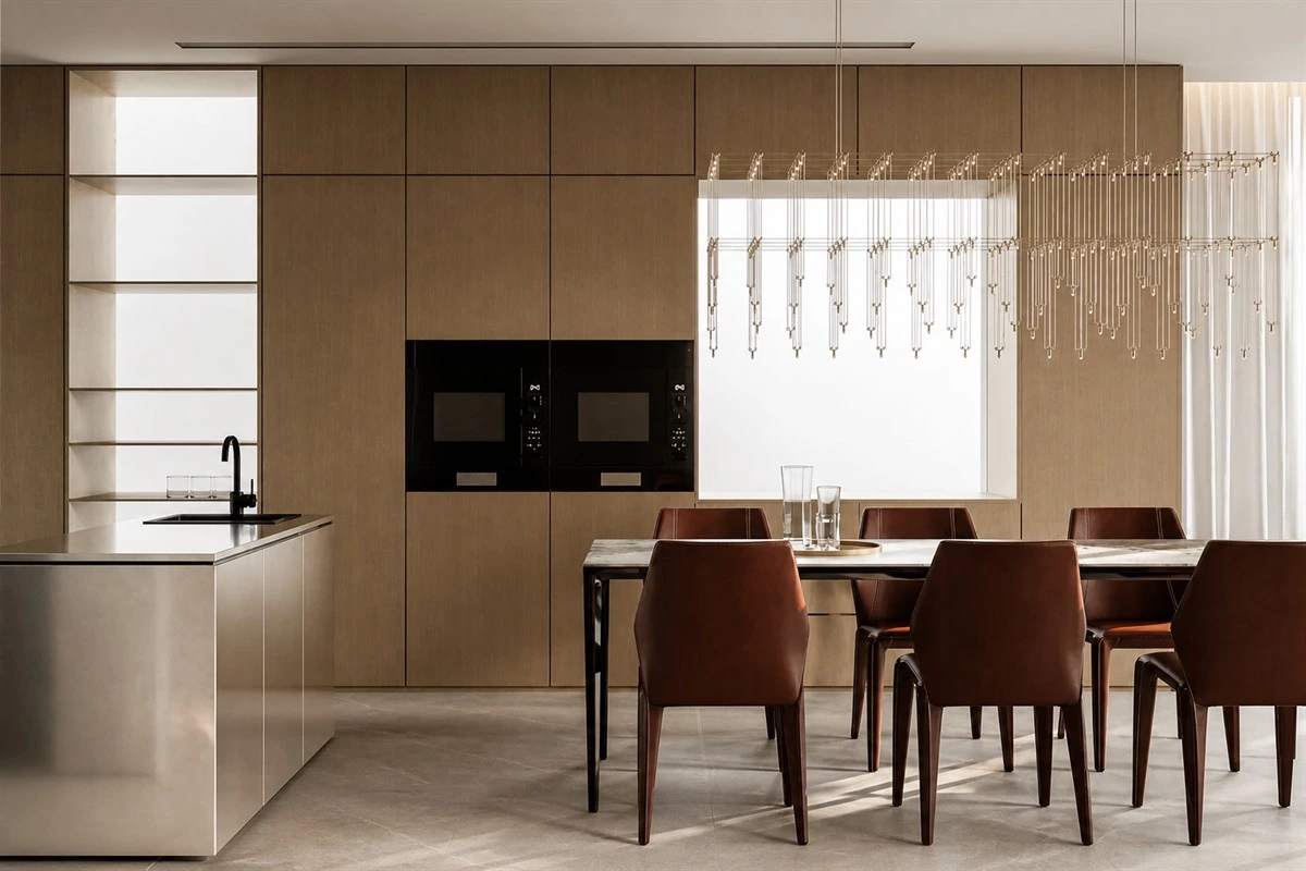 Earth tone interior with warm white background and layered brown palette