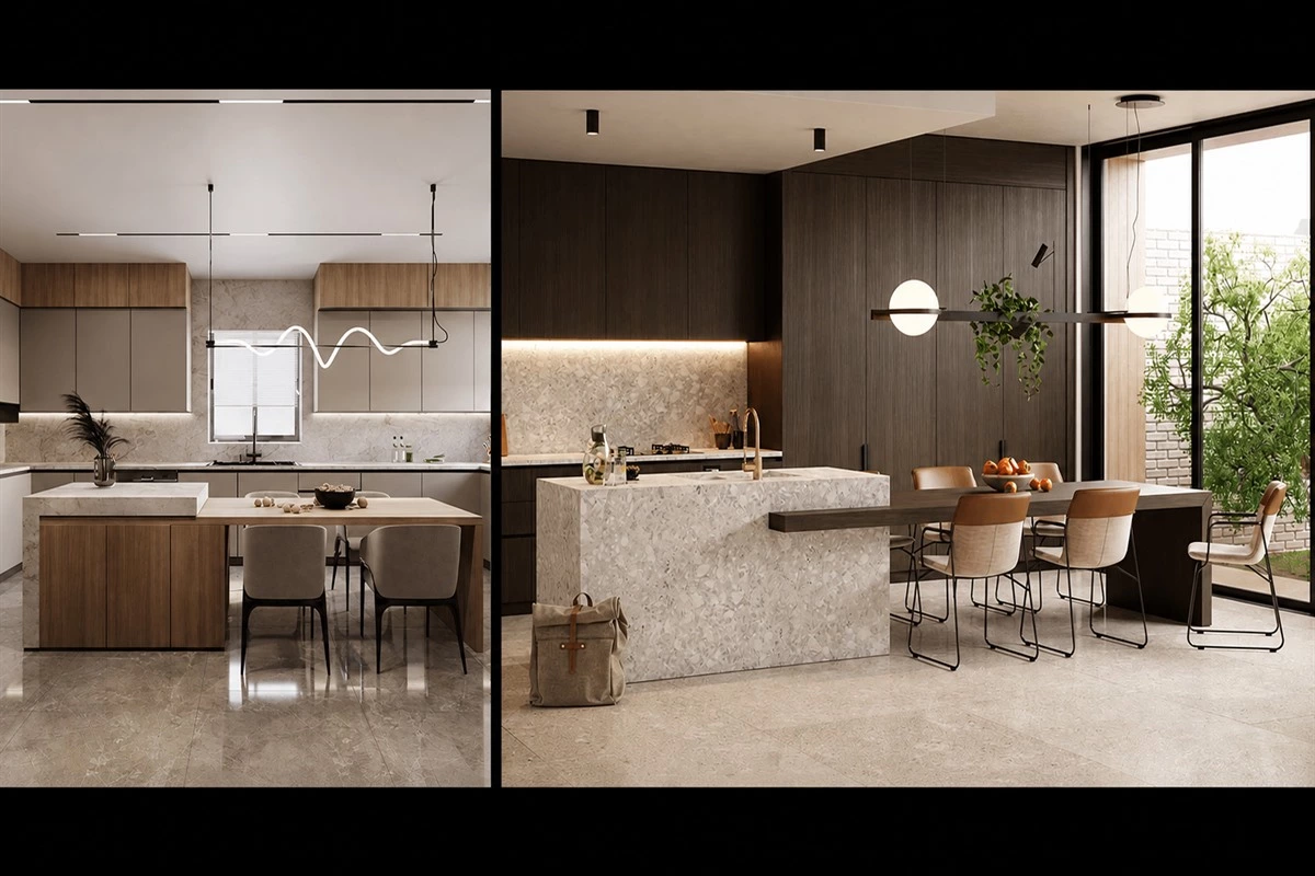 Extended kitchen island with integrated dining table