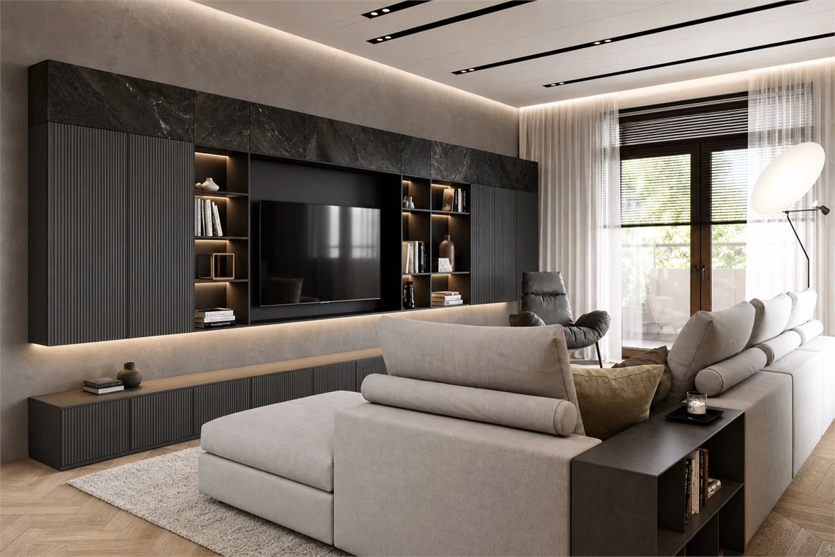 Fluted cabinet doors with vertical texture for a custom home interior